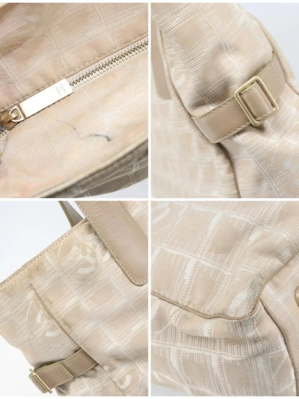 CHANEL New Travel Line Tote Bag Nylon Beige Gold CC Auth BA11779